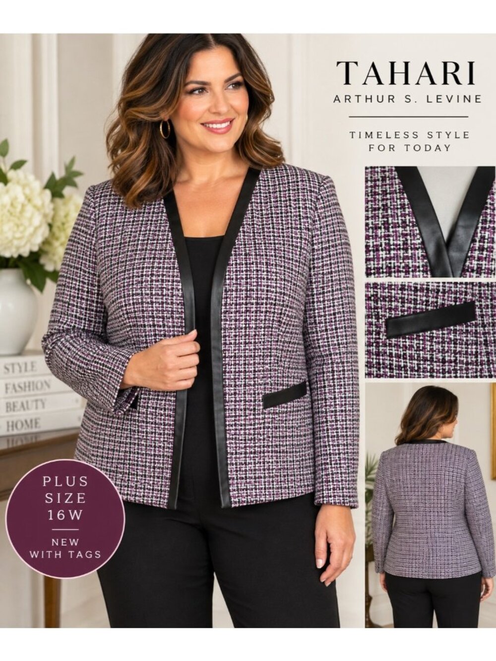 NWT Tahari Arthur S Levine Blazer 16W Purple Tweed Faux Leather Trim Jacket